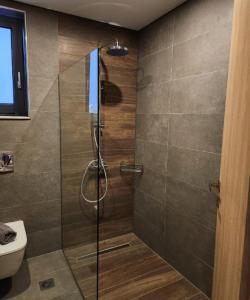 a shower with a glass door in a bathroom at Elaionas Estate Perdika in Perdika