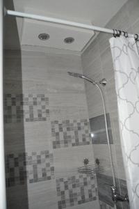 a shower in a bathroom with a shower curtain at Chata Dalma in Vígľaš