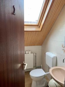 baño con aseo y lavabo y ventana en Attila Vendégház, en Kiskunmajsa