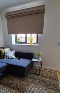 a living room with a blue bed and a window at Lovely 2 bedroom Flat with Free Parking in New Southgate