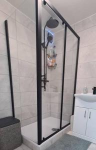 a shower with a glass door next to a sink at Lovely 2 bedroom Flat with Free Parking in New Southgate