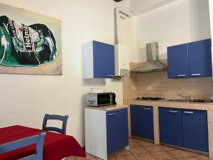 維洛納的住宿－蒙泰基公寓式酒店，一间小厨房,内配蓝色橱柜和水槽