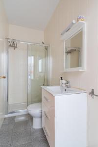 La salle de bains est pourvue de toilettes, d'un lavabo et d'une douche. dans l'établissement Home2Book Lovely Beachfront Apt Arinaga Green, à Arinaga