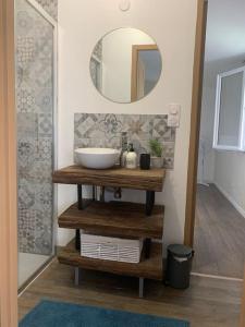 La salle de bains est pourvue d'un lavabo et d'un miroir. dans l'établissement Adorable Guest House « bienvenue chez vous ! », à Bordères-sur-lʼÉchez