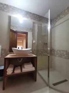 ein Bad mit einem Waschbecken und einer Glasdusche in der Unterkunft Hanul Greweln in Mediaş