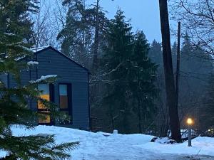 a house in the snow with a light in front of it at Tammikon Tupa in Tuusula