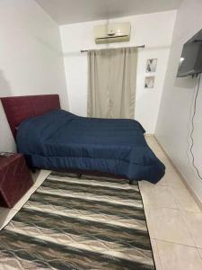 1 dormitorio con cama azul y alfombra en Hermoso Departamento con Balcón!, en Asunción