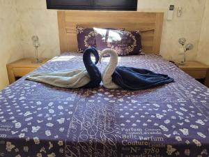 dos cisnes de toalla están sentados en una cama en Chambre d'hôte à la villa René, en Saint-Génis