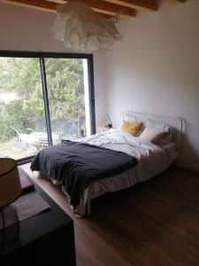 a bedroom with a bed with a large window at Magnifique villa avec jacuzzi et billard in Limoux