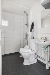 Baño blanco con aseo y lavamanos en First Camp Kolmården-Norrköping en Kolmården