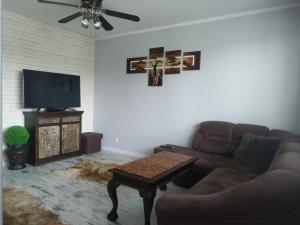 salon z kanapą i telewizorem z płaskim ekranem w obiekcie Apartament ul. Wczasowa 300 m od morza w Ustce