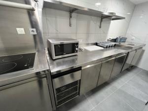 マリボルにあるVilla Magdalena apartments & rooms GARNI HOTELのキッチン(ステンレス製のカウンター、電子レンジ付)