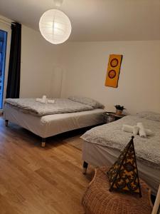 a bedroom with two beds and aendant light at Appartement lumineux et spacieux à Charmey - Coin de paradis in Charmey