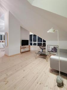 a white living room with a couch and a tv at Apartament u Tomka Lux in Ustrzyki Dolne