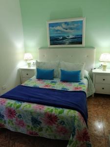 ein Schlafzimmer mit einem Bett mit blauen Kissen in der Unterkunft Anaga y La laguna a tus pies in Santa Cruz de Tenerife