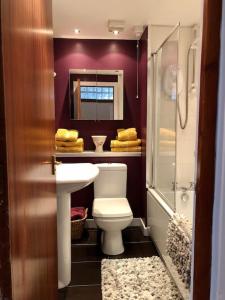 a bathroom with a toilet and a sink and a mirror at Creathie Cathcart - Georgian Luxury at the beach in Ayr