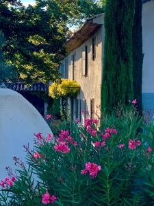 um jardim com flores cor-de-rosa em frente a um edifício em Les Jardins de Sitaara em Cucuron