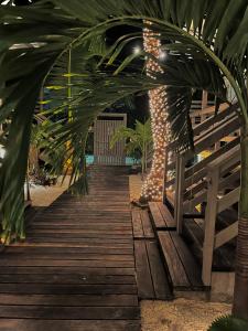 a wooden walkway with a palm tree and lights at DreamCabanas in Caye Caulker
