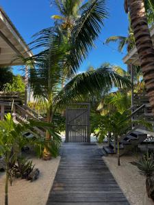 a wooden pathway leading to a beach with palm trees at DreamCabanas in Caye Caulker