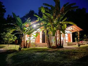 a building with palm trees in front of it at night at Pousada Flor de Laranjeira in Goiás