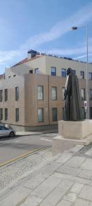 a statue sitting in front of a building at Light Brown Central Apartment in Aveiro