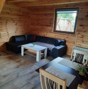 Domek Na Roztoczu في توماسزو لوبليسكي: غرفة معيشة مع أريكة وطاولة في كابينة
