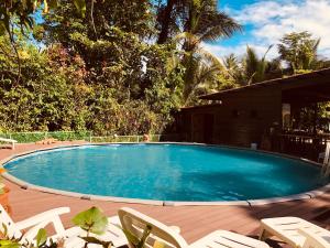 a large swimming pool with chairs on a wooden deck at Playa Bluff Lodge in Bocas Town