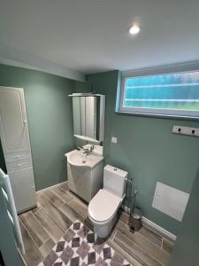 a bathroom with a toilet and a sink and a window at Appartement Villa Saint Felix in Biermes