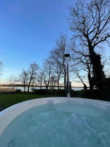 a hot tub in a yard with trees in the background at Pine Lodge in Lisnaskea