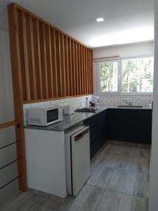 eine Küche mit einem weißen Kühlschrank und einer Mikrowelle in der Unterkunft Aires de la costa Renovado in Neuquén
