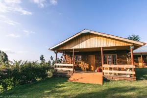 Cabaña de madera con porche en un campo de césped en The Wonky House, en Timau