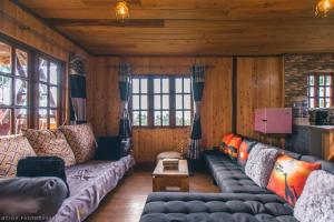 una sala de estar con sofás de cuero y ventanas en The Wonky House, en Timau