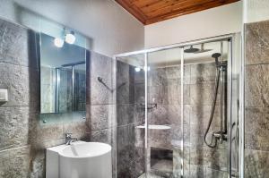 阿里斯蒂的住宿－茲西斯旅館，带淋浴、盥洗盆和镜子的浴室