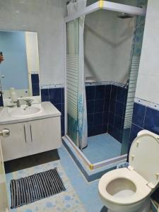 a bathroom with a toilet and a shower and a sink at Cosmo mansion apartment in Jakarta