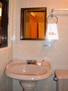 a bathroom with a sink and a mirror and a toilet at Hotel Márquez in Chignahuapan