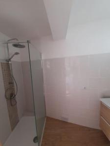 eine Dusche mit Glastür im Bad in der Unterkunft Maison de rue: Auch in Auch