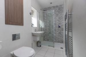 La salle de bains est pourvue de toilettes et d'une douche en verre. dans l'établissement 4 Bed 2 Bath Luxury Home in County Durham, à Chilton