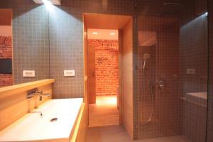een badkamer met een douche, een wastafel en een bad bij Modern & Resto Apartments in Krakau