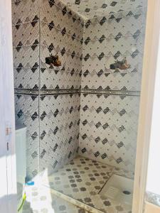 un baño con una pared de azulejos con aves. en Atlantic house, en Tamraght Ouzdar
