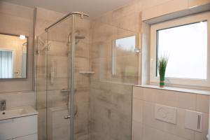 a bathroom with a shower with a sink and a glass door at Apartments Amtzell, kontaktloser Check-in in Amtzell