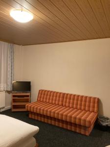 a living room with a couch and a television at Pension Haufe in Ohorn