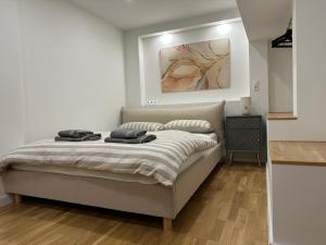 ein Schlafzimmer mit einem Bett mit zwei Handtüchern darauf in der Unterkunft BLISS - Arbeitsplatz, Docking Station, Netflix in Wiesbaden