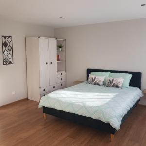1 dormitorio con 1 cama y armario blanco en Stay in center #Šiauliai en Šiauliai