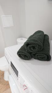 un asciugamano verde seduto sopra una lavatrice di Stay in center #Šiauliai a Šiauliai