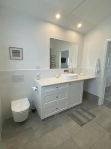 a bathroom with a sink and a toilet and a mirror at Butmaroo Station in Bungendore +24 photos