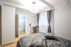 1 dormitorio con cama, escritorio y ventana en Nannie Apartaments Skenges en Rădăuţi