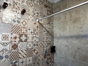 a bathroom with a shower with tiles on the wall at Arrea Mutillak in Goya