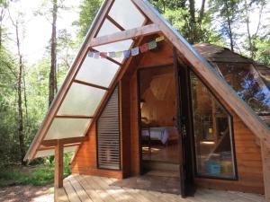 a tiny house in the woods with a large window at Lemunantu Domo Solar in La Ensenada