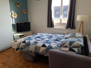 sypialnia z łóżkiem, telewizorem i oknem w obiekcie Appartement lumineux et moderne w mieście Le Mans