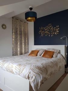 sypialnia z dużym łóżkiem i pomarańczowymi poduszkami w obiekcie Appartement lumineux et moderne w mieście Le Mans